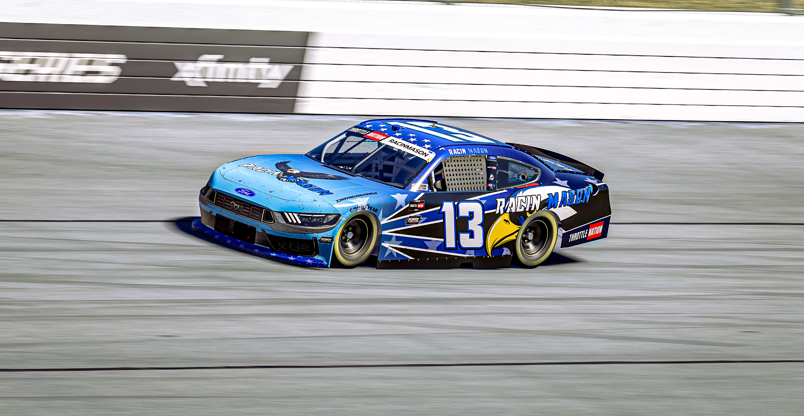 Side profile of the Racin Mason #13 blue Mustang